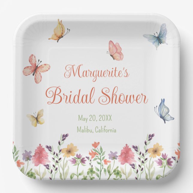 Custom Wildflowers and Butterflies Bridal Shower Paper Plate (Front)