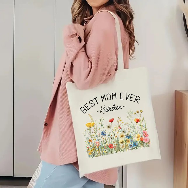 Custom Wildflowers Tote Bag, Best Mum Ever Gift Bag (Mother’s Day gift bag, birthday present for mom, Christmas gift for her, baby shower tote, )