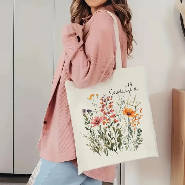Custom wildflowers tote bag, Bridesmaid Gifts Bag ( personalized tote bag, mothers day gift, birthday gift, graduation gift, gift for mom, Gift for her)