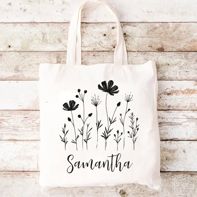 Custom Wildflowers Tote Bag, Gift for Her or Mom (bridesmaid gift, bridal shower gift, baby shower gift, gift for mom or her, student & teacher bag)
