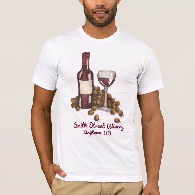 Custom Winery Wine Shop Glass + Grapes Tee Shirt (Front)