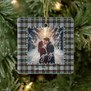 Custom Winter Engagement Photo Card with Tartan  Ceramic Ornament