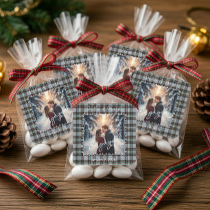 Custom Winter Engagement Photo Tartan  Square Sticker