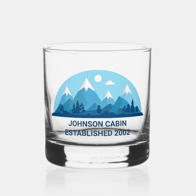 Custom Winter Family Cabin Blue Snowy Mountain Whiskey Glass (Front)