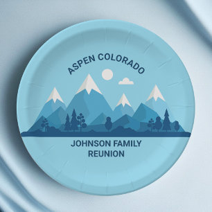 Custom Winter Family Reunion Party Blue Mountain Paper Plate