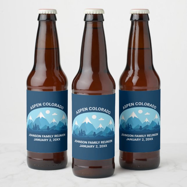 Custom Winter Family Reunion Party Snowy Mountain Beer Bottle Label (Bottles)