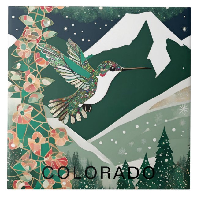 Custom Winter Forest Green Hummingbird Ceramic Tile (Front)