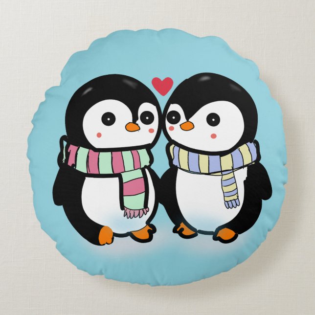 Custom Winter Penguin Love Round Cushion (Front)