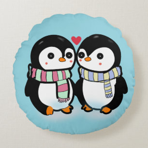 Custom Winter Penguin Love Round Cushion