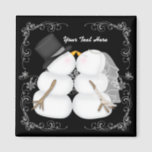 Custom Winter Wedding Snowman Bride and Groom Magnet<br><div class="desc">This personalised magnet for winter weddings features a black background with silver swirls and a kissing snowman bride and groom. You can add any names or message you choose!</div>