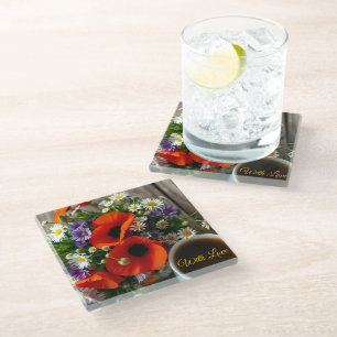 Custom "With Love"  Cup of Coffee & Red Poppies  Glass Coaster