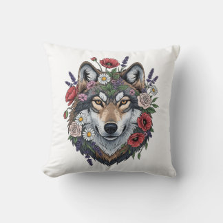 Custom Wolf with Floral Crown Throw Pillow