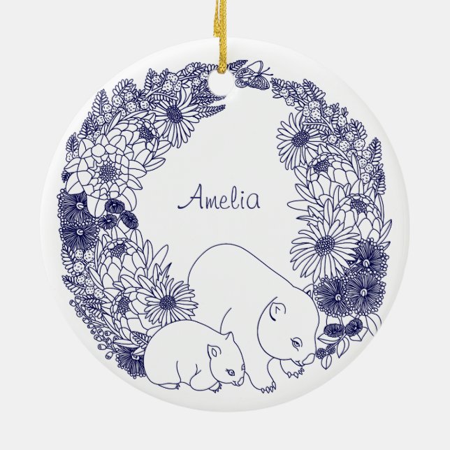 Custom Wombat Christmas Blue Ceramic Ornament (Back)