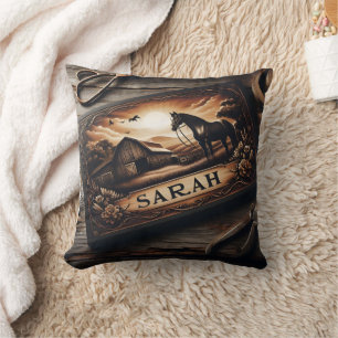 Custom Wood Carving of Horse and Barn at Sunset Cushion