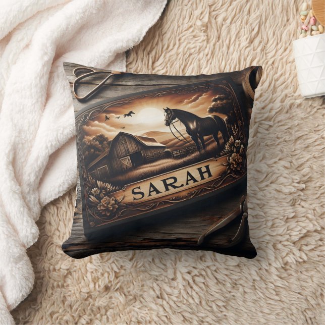 Custom Wood Carving of Horse and Barn at Sunset Cushion (Blanket)