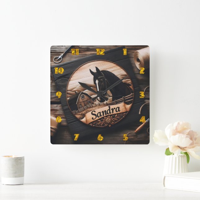 Custom Wood Carving of Horse and Barn Square Wall Clock (Home)