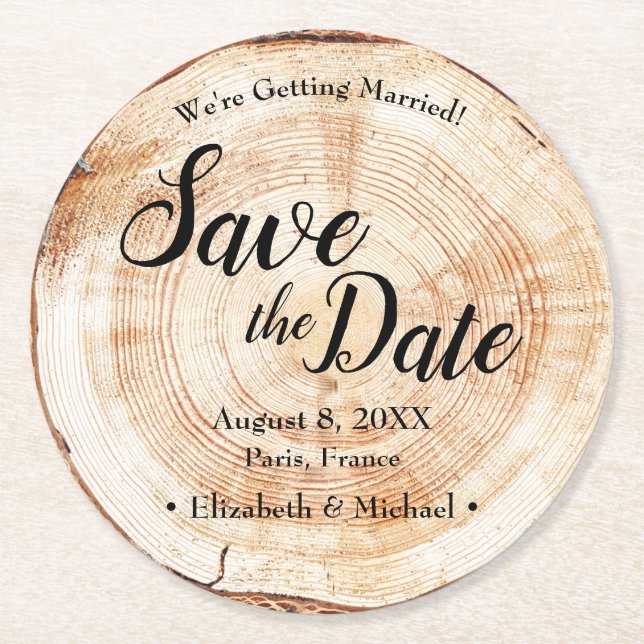Custom Wood disc Save the Date Unique Wedding  Round Paper Coaster (Front)