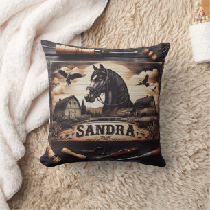 Custom Wood Engraving of Horse and Barns Cushion