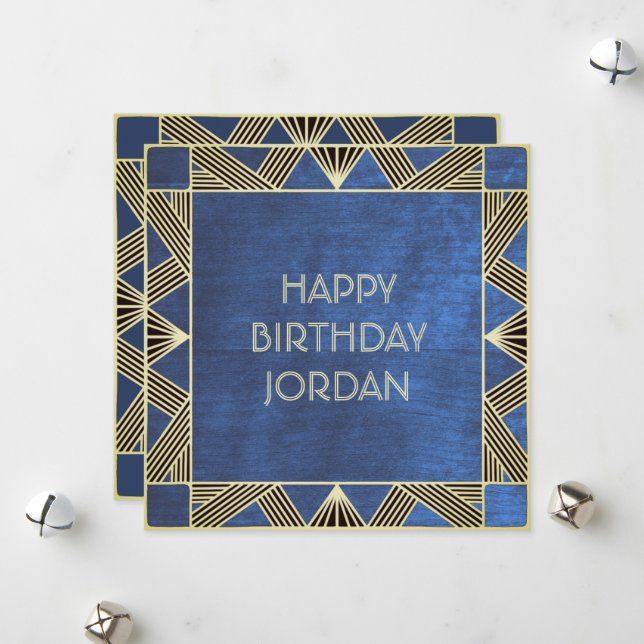 Custom Wood Modern Navy Blue Masculine Birthday Holiday Card (Front/Back In Situ)