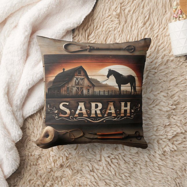 Custom Wooden Sign With Horse and Barn in Sunset Cushion (Blanket)