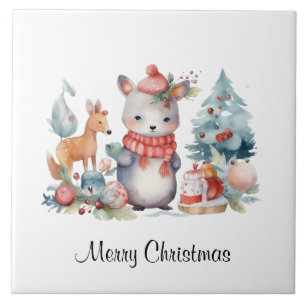 Custom Woodland Animals Christmas Watercolor Art Ceramic Tile