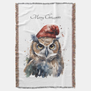 Custom Woodland Christmas Watercolor Owl Santa Hat Throw Blanket