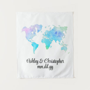 Custom World Map Wedding Photo Booth Welcome Prop Tapestry