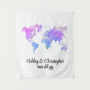 Custom World Map Wedding Photo Booth Welcome Prop Tapestry