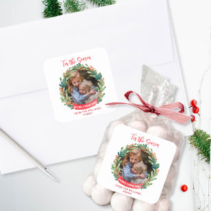 Custom Wreath Photo Frame 'Tis The Season, Holiday Square Sticker
