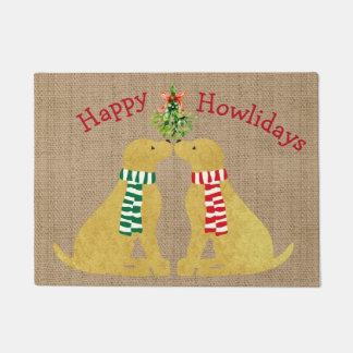 Custom Xmas Golden Retrievers Mistletoe Tan Burlap Doormat