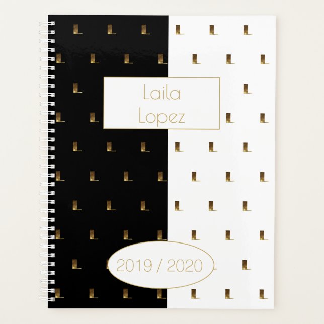 Custom Year 2019 2020 Black White Gold Monogram L Planner (Front)