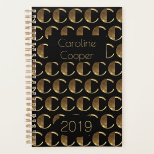Custom Year 2019 Black Gold Monogram C Elegant Planner
