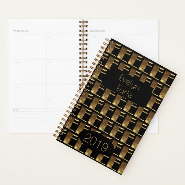 Custom Year 2019 Black Gold Monogram E Elegant Planner (Display)