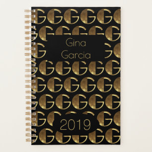 Custom Year 2019 Black Gold Monogram G Elegant Planner
