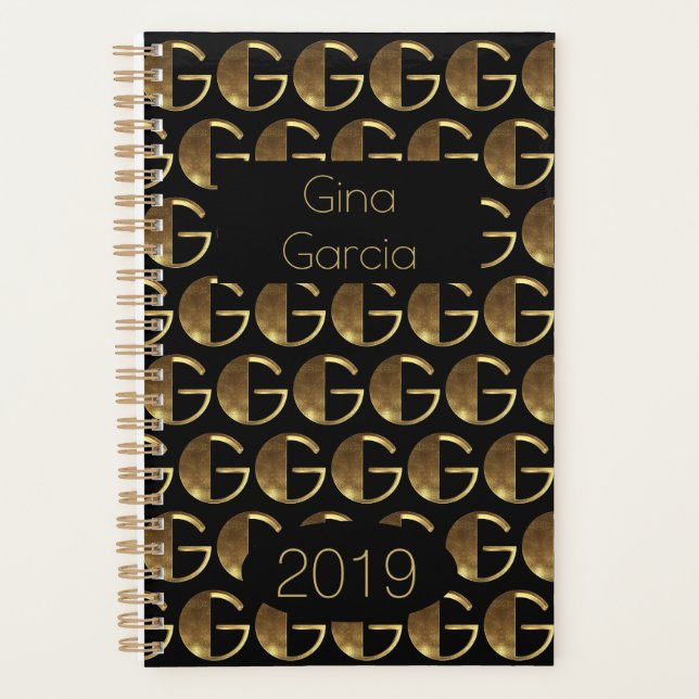 Custom Year 2019 Black Gold Monogram G Elegant Planner (Front)
