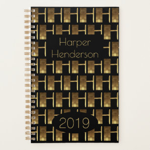 Custom Year 2019 Black Gold Monogram H Elegant Planner