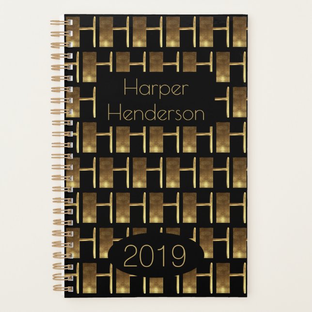 Custom Year 2019 Black Gold Monogram H Elegant Planner (Front)