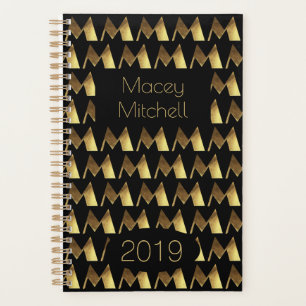 Custom Year 2019 Black Gold Monogram M Elegant Planner