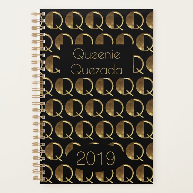 Custom Year 2019 Black Gold Monogram Q Elegant Planner (Front)
