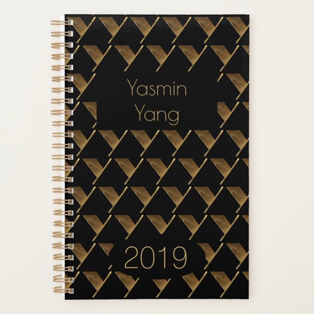 Custom Year 2019 Black Gold Monogram Y Elegant Planner (Front)