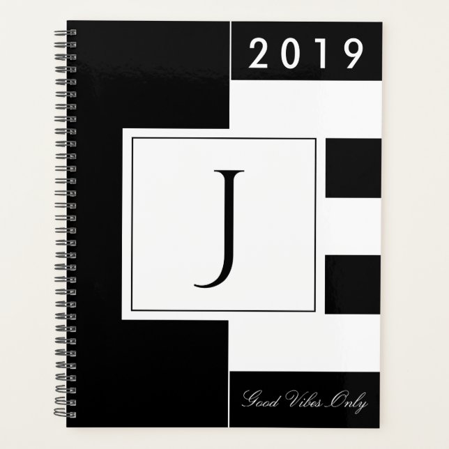 Custom Year 2019 Monogram Black and White Modern Planner (Front)
