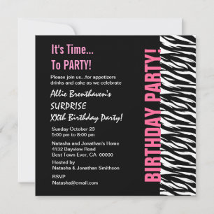 Custom Year Birthday Pink and Black Zebra V055 Invitation