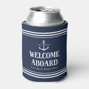 Custom Year Boat Name Navy Blue Welcome Aboard  Can Cooler