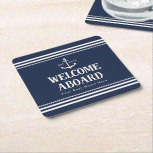 Custom Year Boat Name Navy Blue Welcome Aboard Square Paper Coaster