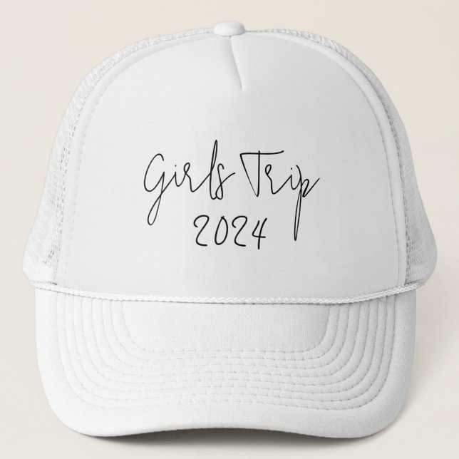 Custom Year Elegant Girls Trip Script Typography Trucker Hat (Front)