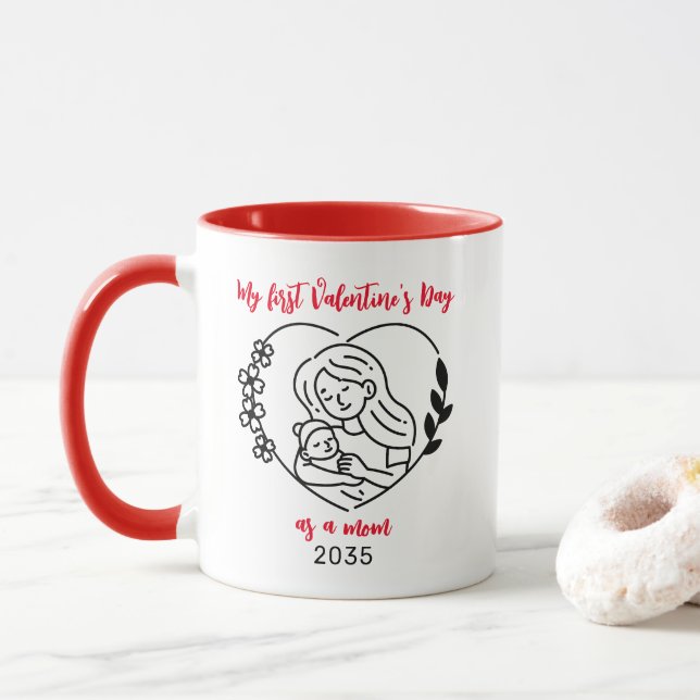 Custom Year First Valentine's Day As A Mum Red Mug (With Donut)