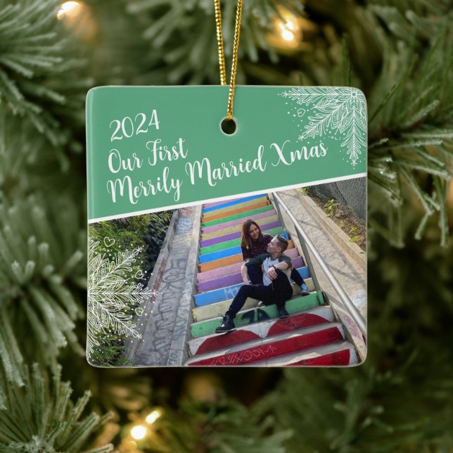 Custom Year Our First Merrily Married Xmas Photo Ceramic Ornament (Tree)