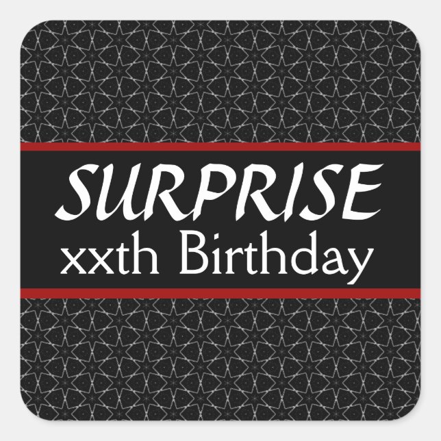 Custom Year SURPRISE Birthday Black Silver Red V12 Square Sticker (Front)