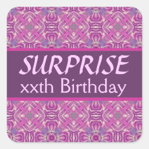 Custom Year SURPRISE Birthday Pink Purple Pattern Square Sticker