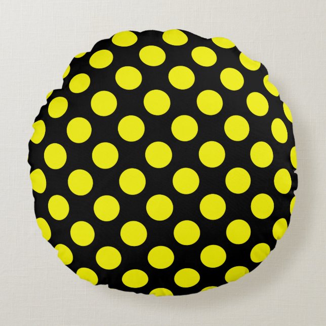 Custom Yellow Black Polka Dot Round Pillow (Front)